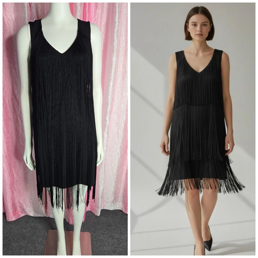 Boston Proper Sleeveless Black Fringe Stretch Swing Cocktail Dress Size 4